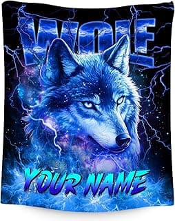 Boys Blanket Personalized Wolf Blankets Gifts for Kids, Warm Flannel Custom Throw for Boys (4 Sizes)