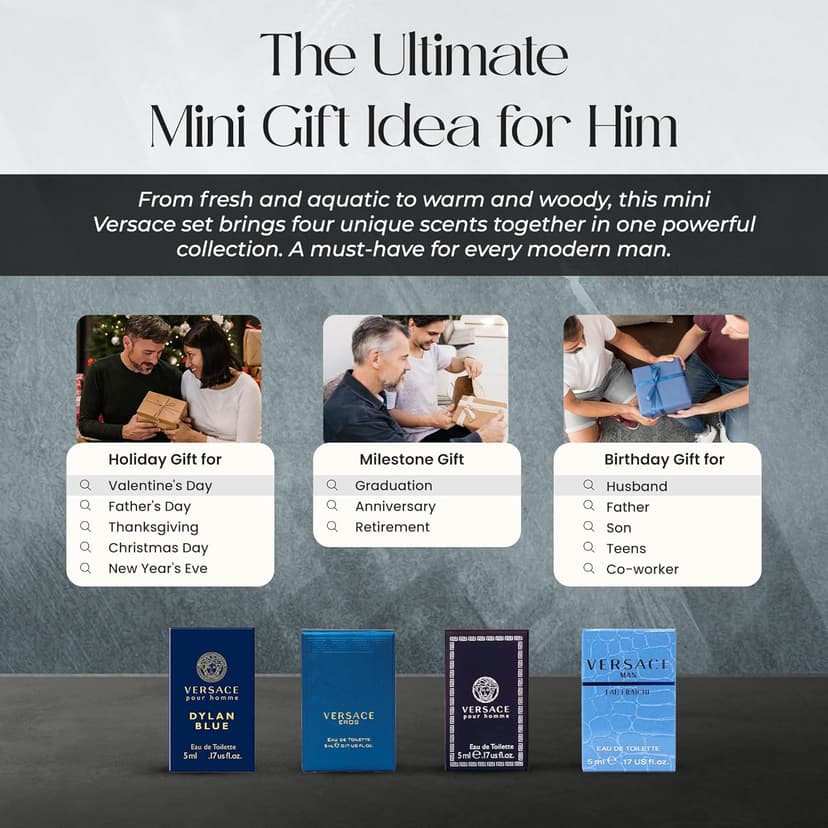 Versace Cologne for Men Set of 4 Mini Eros, Pour Homme, Dylan Blue, Eau Fraiche Perfume for Men Fragrance Sampler Set - Designer Mens Cologne Samples (4 Count, 0.17 oz)