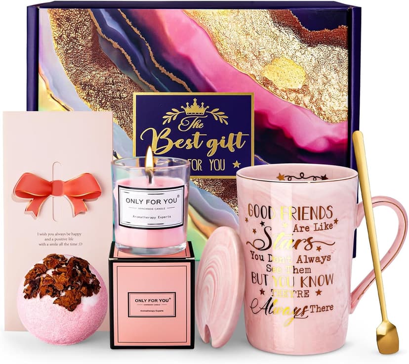 Best Friend Birthday Gifts for Women, Unique Friendship Gifts Ideas for Bestfriend, Female Besties, BFF Sister, 14oz Pink Marble Coffee Cup with Lid Spoon Card, Box, Best Friends Gift Basket Set of 6
