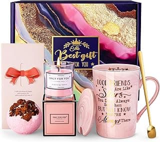 Best Friend Birthday Gifts for Women, Unique Friendship Gifts Ideas for Bestfriend, Female Besties, BFF Sister, 14oz Pink Marble Coffee Cup with Lid Spoon Card, Box, Best Friends Gift Basket Set of 6