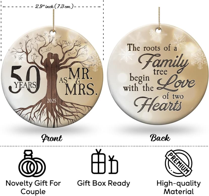 50th Wedding Anniversary Ornament - Ceramic Christmas Ornament Gift for Couple, Parents, Friend - 50th Anniversary Present Holiday Decoration