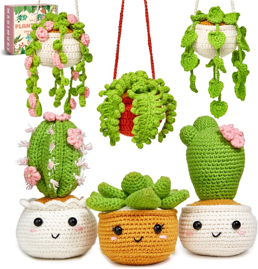 MAGIMUSE Crochet Kit for Beginners, Crochet Starter Kits, Amigurumi Craft Knitting Crocheting Kits with Step-by-Step Video Tutorials, 6 Pack Hanging Potted Plants Family(40%+ Yarn