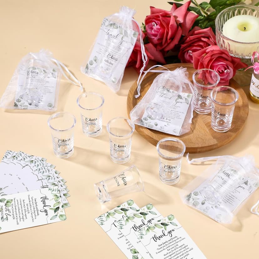 Uiifan 50 Sets Wedding Favors for Guests Wedding Shot Glasses Acrylic Clear Plastic Shot Glasses with Thank You Cards and Organza Bags for Guest Newlyweds Bridal Shower Gift (Cheers to Love)