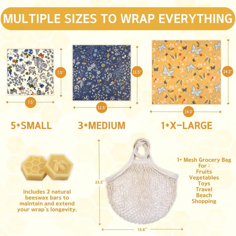 Reusable Beeswax Wrap - 9 Pack Beeswax Wraps for Food, Eco-Friendly Beeswax Food Wraps, with Mesh Grocery Bag & 2 Beeswax Bars, Reusable Food Storage Wrap Set, Sustainable Gifts