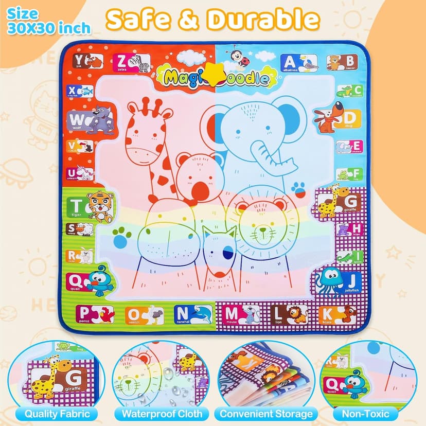 KIZZYEA Toys for 2 3 4 5 Years Old Boys Girls, Water Doodle Mat for Kids, Large Coloring Painting Writing Mat with Neon Colors, Educational Toys Christmas Birthday Gifts for Age 2-4, 3-5 Toddlers