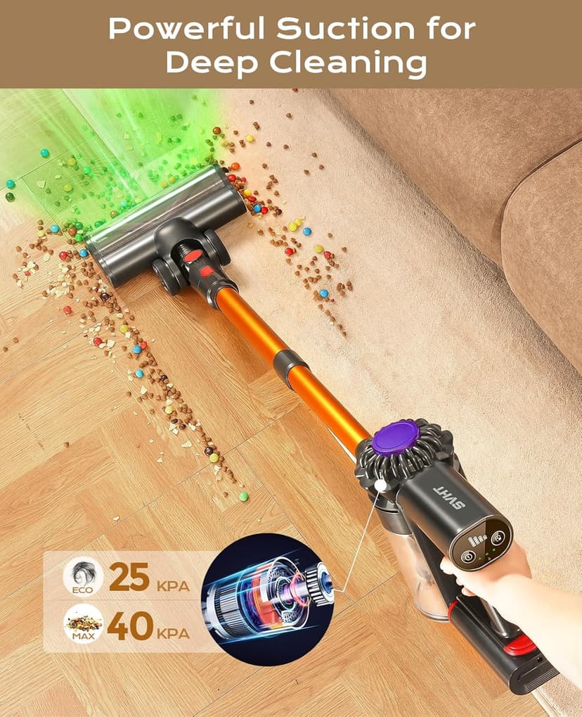 Cordless Vacuum Cleaner, 450W 40KPA Vacuum Cleaners for Home, 45Mins Lightweight Stick Vacuum with Advanced Green Light Tech, Rechargeable Battery Vacuum for Carpet,Pet Hair,Hardwood Floor