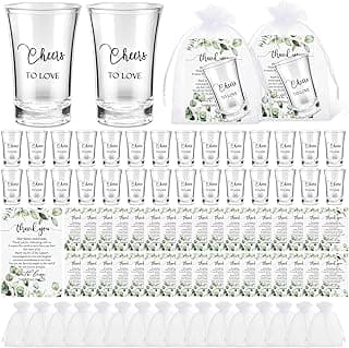 Uiifan 50 Sets Wedding Favors for Guests Wedding Shot Glasses Acrylic Clear Plastic Shot Glasses with Thank You Cards and Organza Bags for Guest Newlyweds Bridal Shower Gift (Cheers to Love)