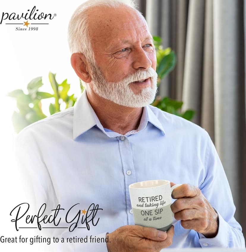 Pavilion Retirement Coffee Mug - "Retired & Taking Life One Sip at a Time" Text Design - Speckled Stoneware Coffee Cup for Retirees, Microwave & Dishwasher Safe, Beige w/ Bronze Metallic Bottom, 15 oz