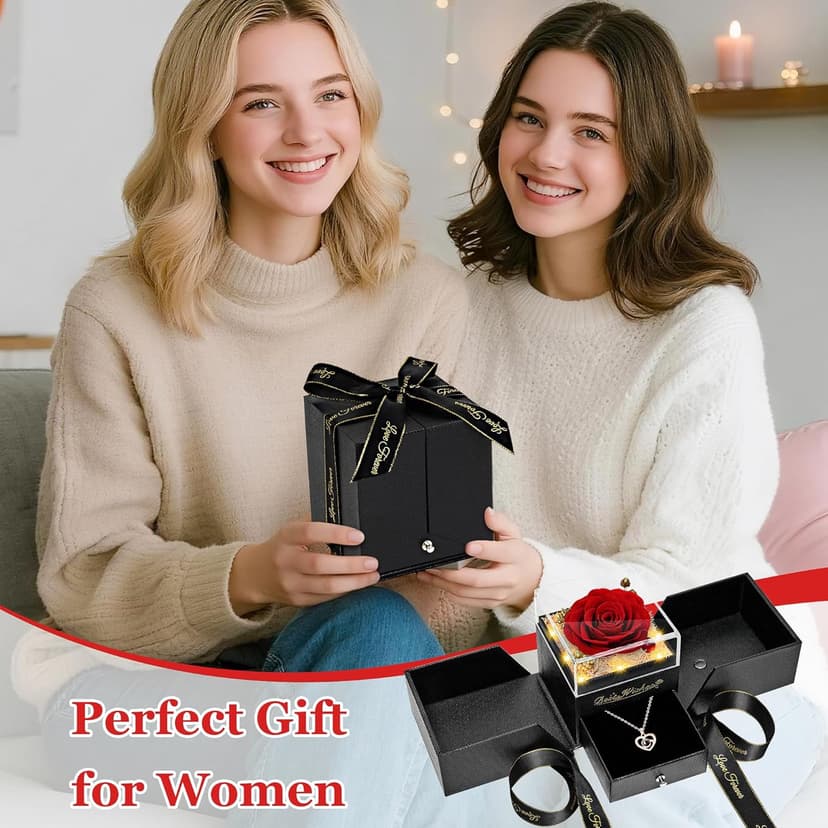 Light Up Preserved Red Rose Flower with Necklace,Birthday Gifts for Women,Christmas Rose Gifts for Her Mom Wife Grandma,Real Flower Mom Present for Women Christmas,Anniversary,Valentines