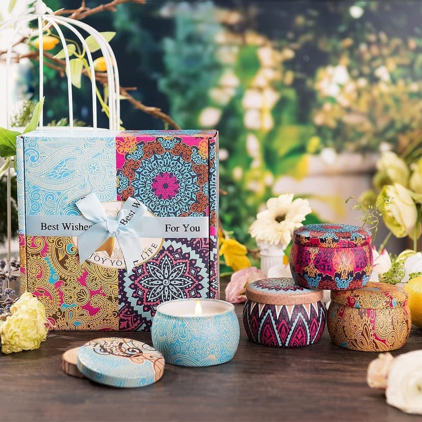 Scented Candles Gift Set, 8% Essential Oil, 4 Pack Aromatherapy Candle, Stress Relief Gifts for Women,120H Burning, Candles for Home Scented, Ideal for Birthday, Christmas, Thanksgiving, Mother's Day