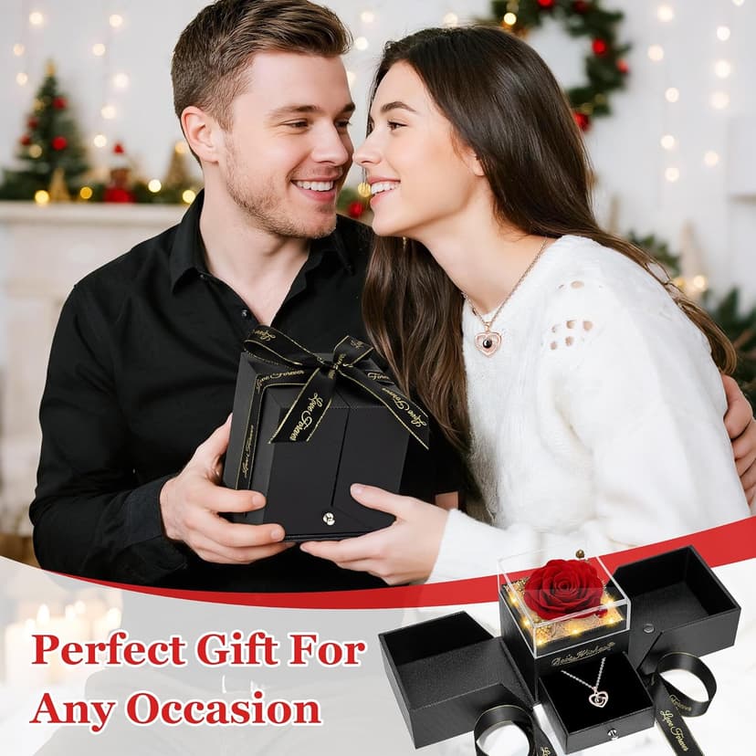 Light Up Preserved Red Rose Flower with Necklace,Birthday Gifts for Women,Christmas Rose Gifts for Her Mom Wife Grandma,Real Flower Mom Present for Women Christmas,Anniversary,Valentines