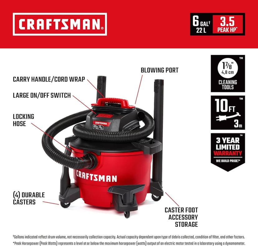 CRAFTSMAN CMXEVBE17584 6 Gallon 3.5 Peak HP Wet Dry Vac, Portable Shop Vacuum Wet and Dry with Filter, Dust Bag, Hose and Attachments for Home, Garage and Automotive Cleaning