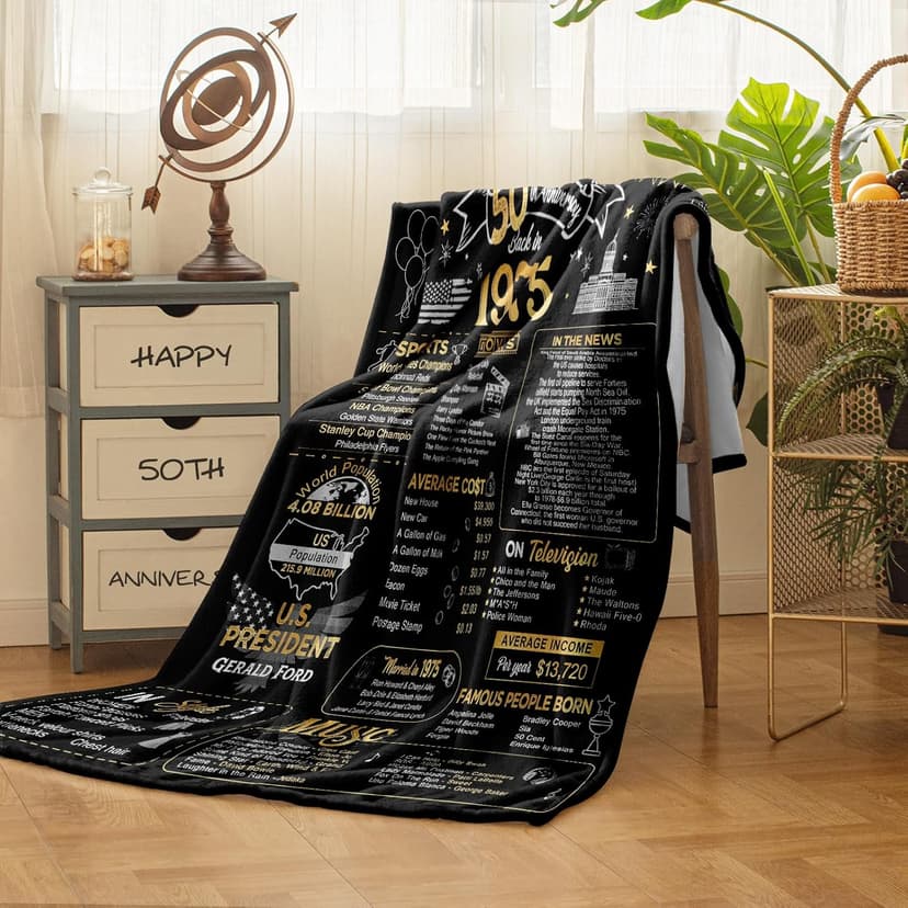 50th Anniversary Wedding Blanket Gifts Gift for 50th Wedding Anniversary Golden 50 Years of Marriage Gifts for Couple Wife Husband Dad Mom Parents Back in 1975 Blanket 60Lx50W