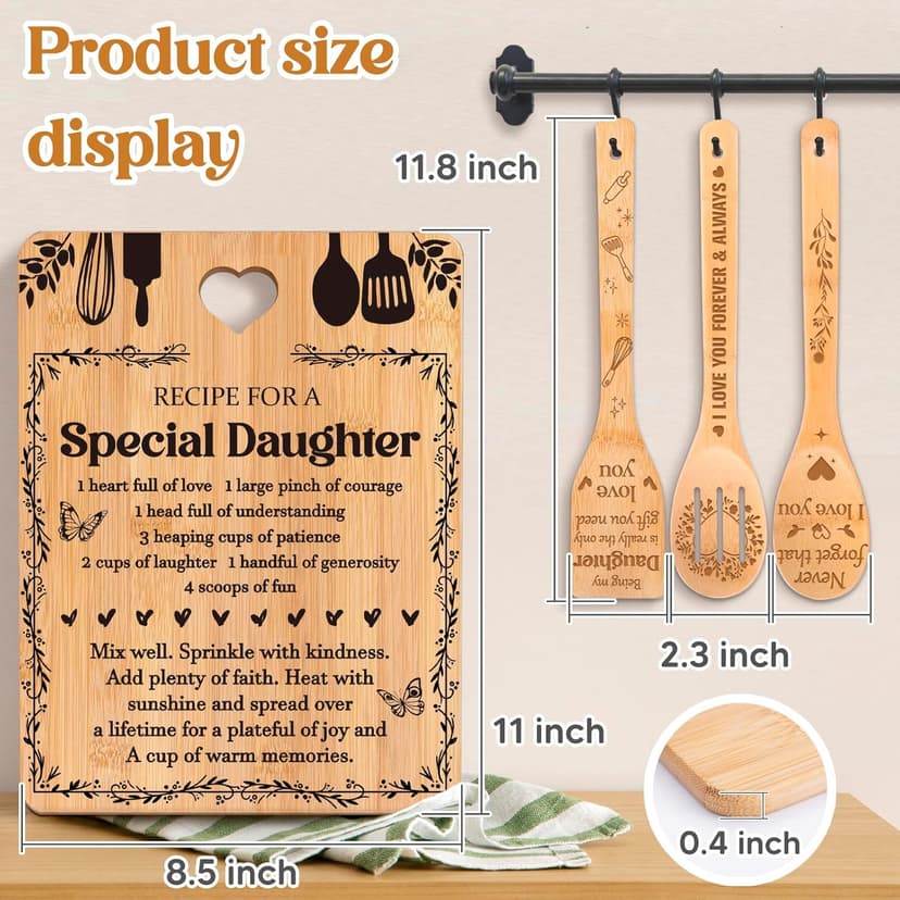 Christmas Gifts for Daughter - "Recipe for a Special Daughter" Daughter Birthday Gifts Cutting Board Set, Bamboo-Made Engraved Utensil Set Birthday Gifts for Daughter, Daughter Christmas Gifts