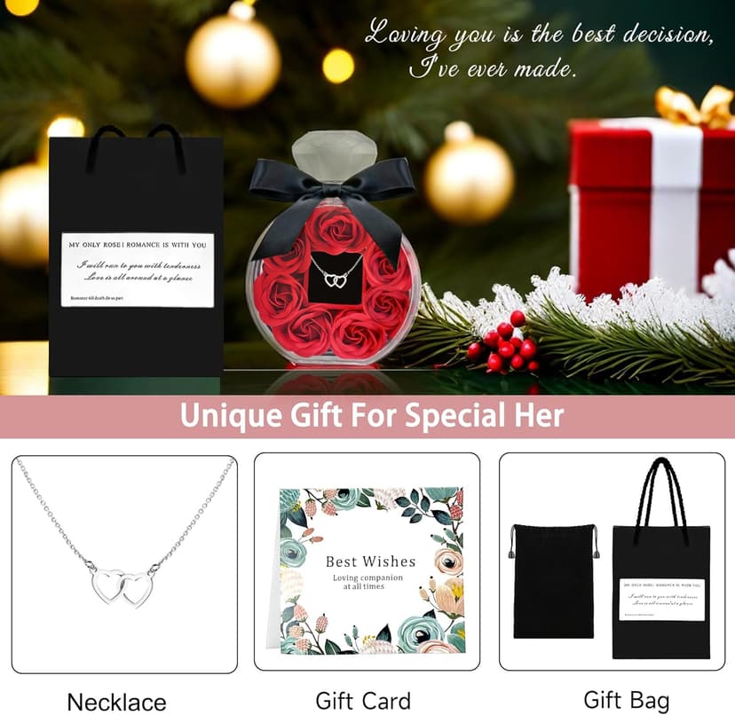 Preserved Rose with Heart Necklace Gift Artificial Flower Valentines Mothers Day for Girlfriend Mom Birthday Anniversary Personalized Romantic Gifts(Red)