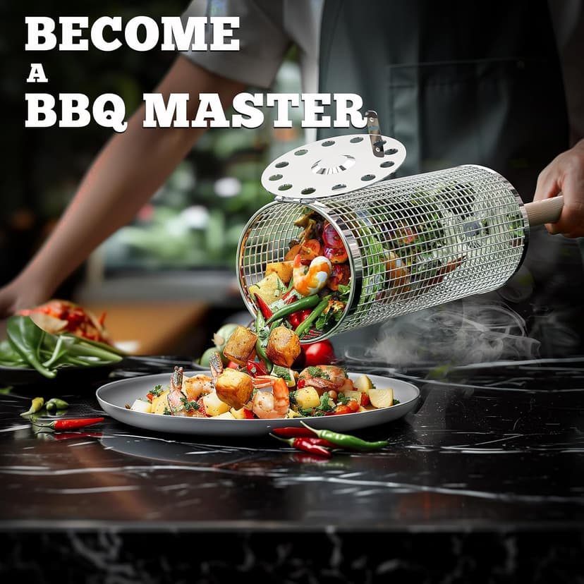 Rolling Grill Basket, Removable Wooden Handle, 304 Stainless Steel, Nesting Smoker Net, BBQ Accessories Tools for Vegetable Shrimp, Outdoor Cooking Camping, Birthday Gifts for Men Dad Husband