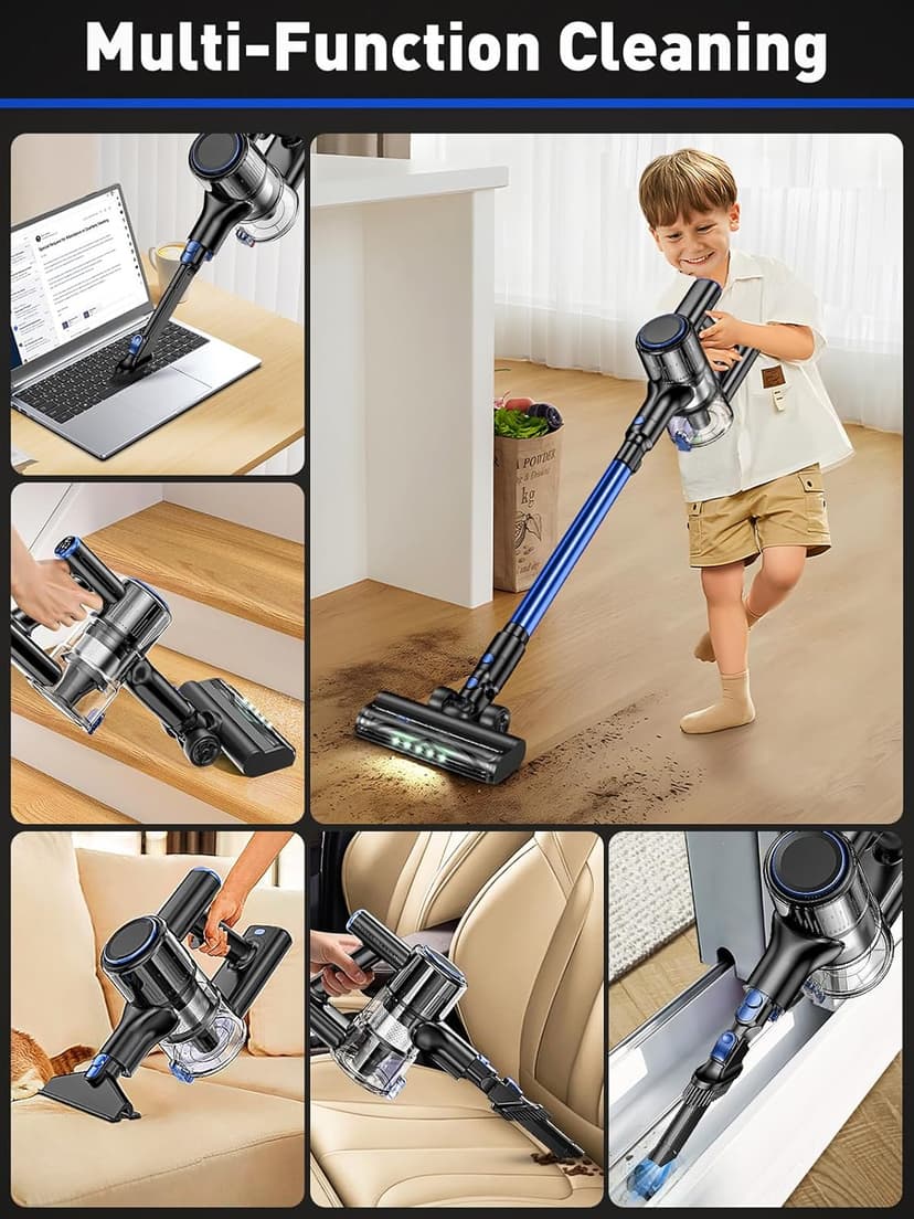 Cordless Vacuum Cleaner, 45KPA 8 in 1 Lightweight Vacuum Cleaners for Home, 50Mins Anti-Tangle Stick Vacuum, LED Display, Rechargeable Vacuum for Pet Hair/Carpet/Floor (Blue)
