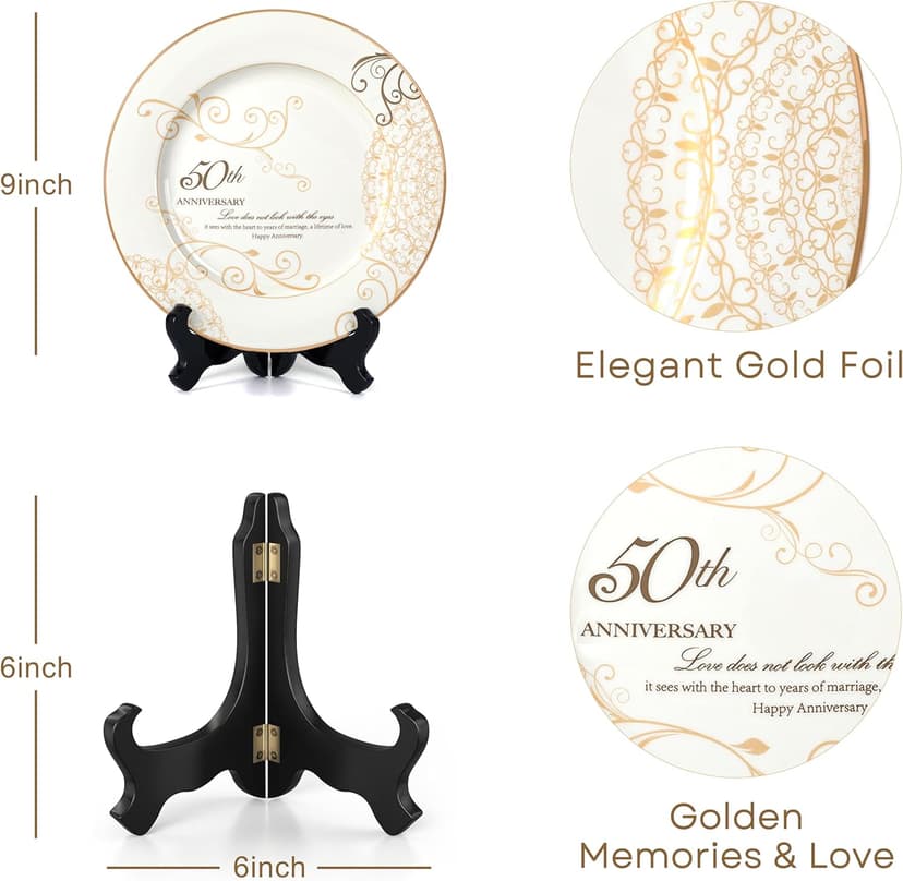 50th Anniversary Wedding Gifts for Couples Parents - 50 Year Marriage Plate with 24k Gold Foil, Golden Keepsake Gift, Ceramic 9 inch