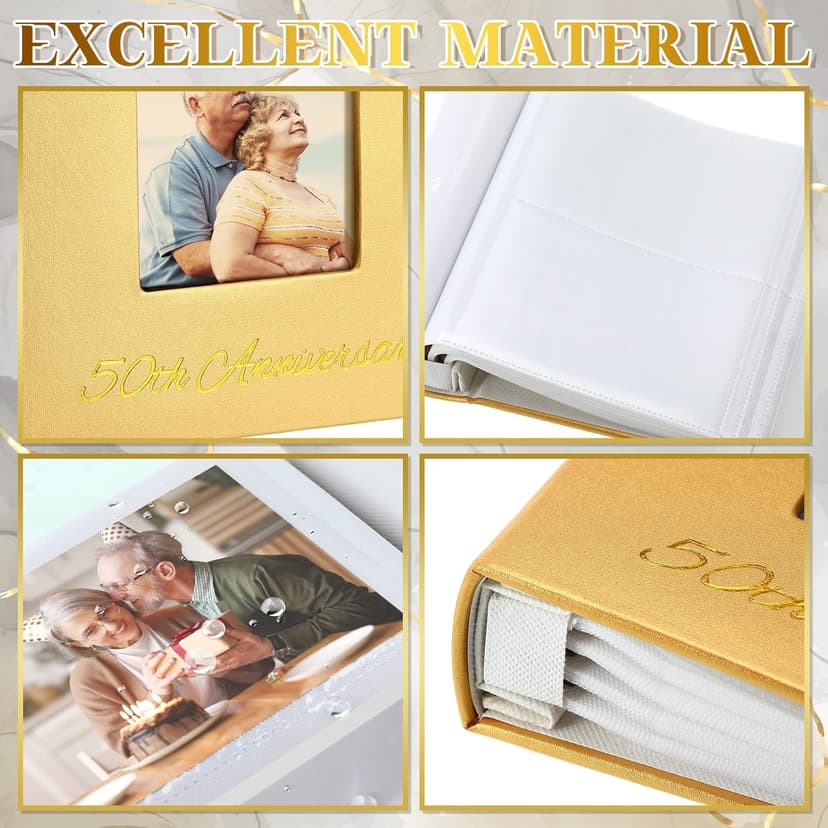 Memory Photo Album Holds 200 Pcs 4 x 6 Inch Leather Wedding Anniversary Family Photo Album with Front Window Double Heart Memory Scrapbook for Couple Gifts(50th Anniversary)