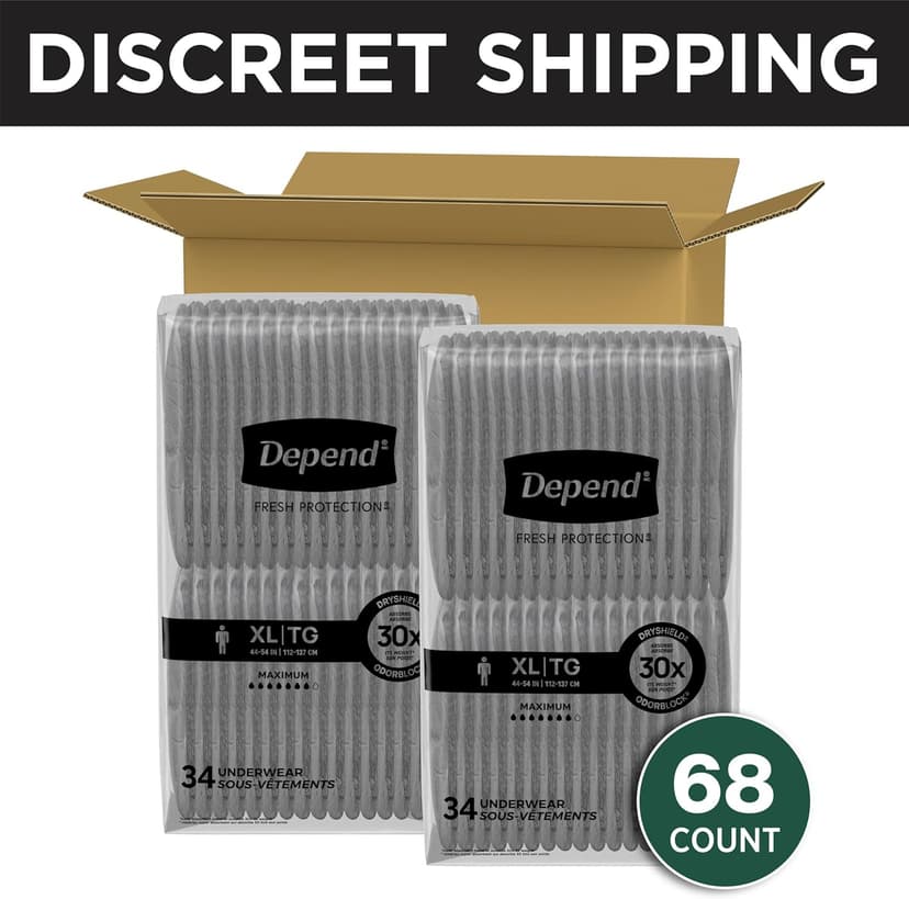 Depend Depend Fresh Protection Adult Incontinence Underwear for Men, Disposable, Maximum, Extra-Large, Grey, 68 Count (2 Packs of 34), Packaging May Vary