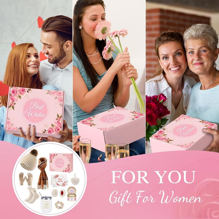 Patelai 11 Pcs Birthday Basket Gifts Set for Women Knitted Winter Beanie Hat Gloves Scarf Earmuff Tumbler Candle Fleece Socks