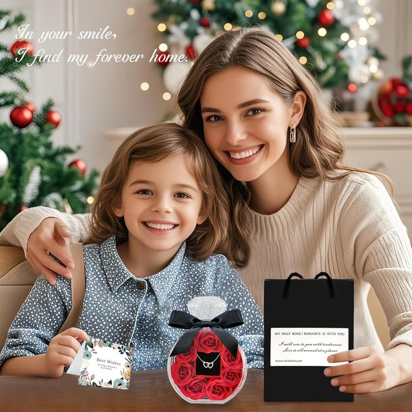 Preserved Rose with Heart Necklace Gift Artificial Flower Valentines Mothers Day for Girlfriend Mom Birthday Anniversary Personalized Romantic Gifts(Red)