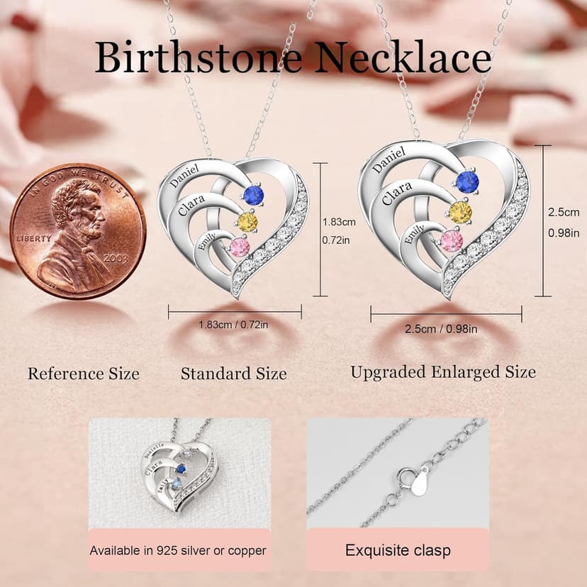 Easycosy Custom Name Necklace with Simulated Birthstones Customized Promise Necklace Heart Pendant with Engraved Names - Anniversary Birthday Jewelry Gifts for Women Wife Mom Grandma Mothers Day