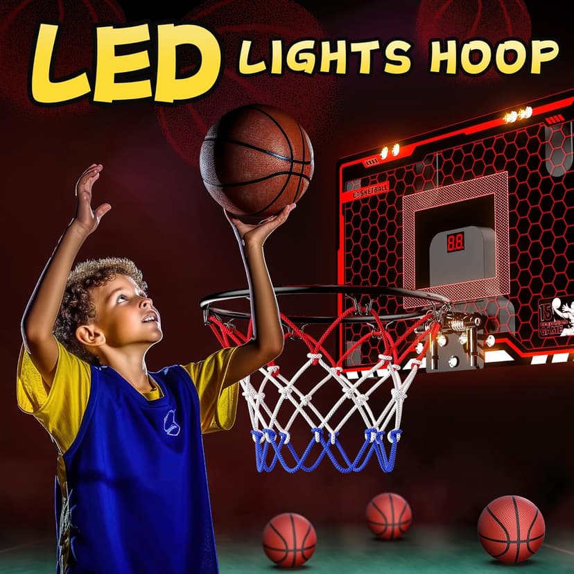 HopeRock Indoor Basketball Hoop for Kids, Over The Door Mini Basketball Hoops, with LED Light, Scoreboard, Birthday Toys Gifts for 5 6 7 8 9 10 11 12+ Year Old Boys