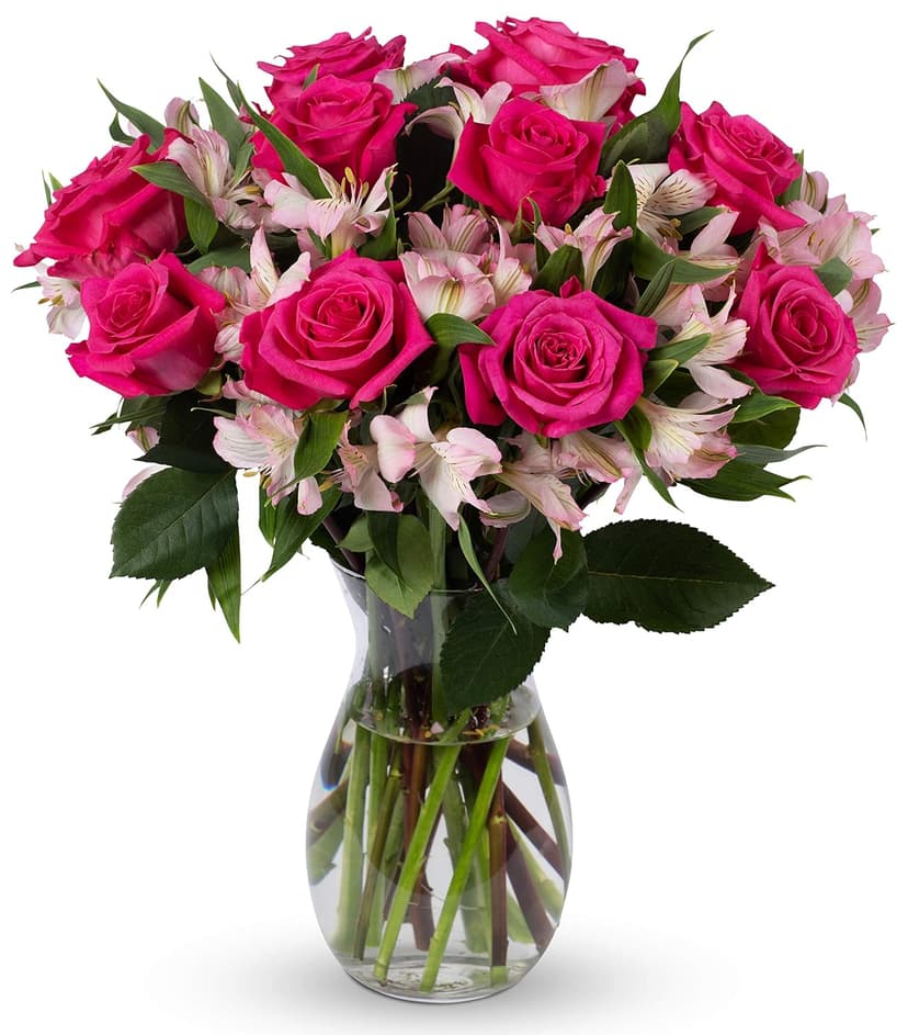 Benchmark Bouquets - Charming Roses & Alstroemeria (Glass Vase Included) - Fresh Flowers for Delivery - Gift for Graduation, Birthday, Anniversary, Sympathy, Get Well, Congratulations