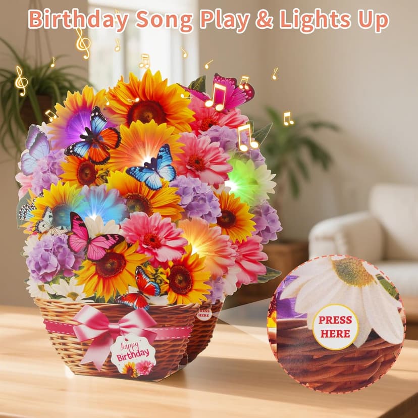 Birthday Cards with MUSIC & LIGHTS, Pop Up Happy Birthday Card, Sunflower & Butterfly, 10 Inch Life Sized Forever Flower Bouquet Gifts for Women Mom Grandma