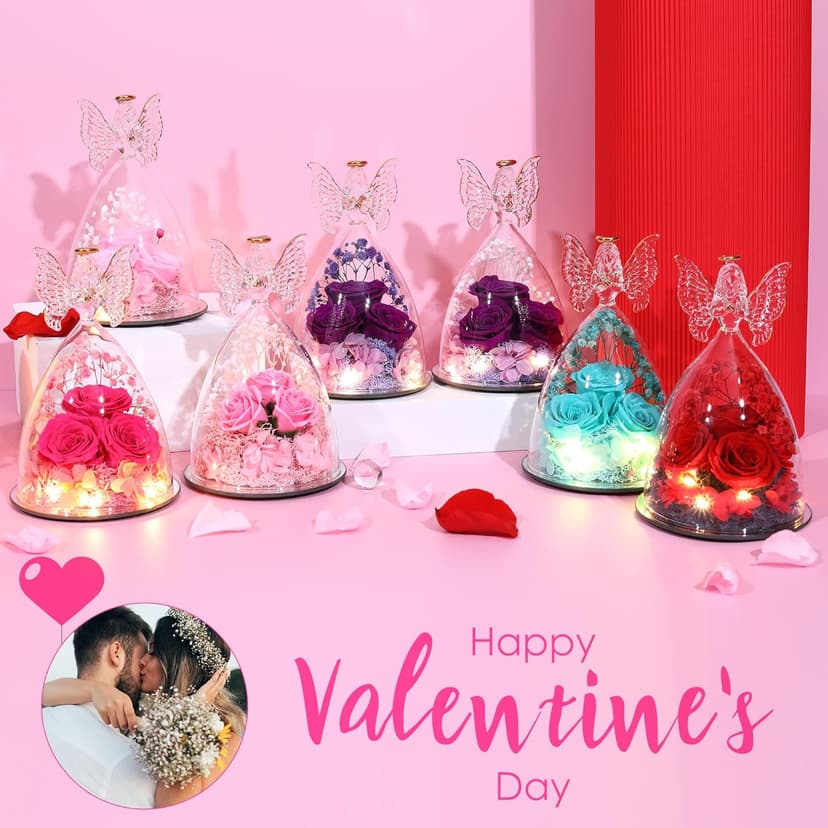Christmas Rose Gifts for Women Preserved Real Flower in Glass Angel Figurines Roses for Delivery Prime Birthday Gifts for Mom Grandma Girlfriend Wife Her - Purple
