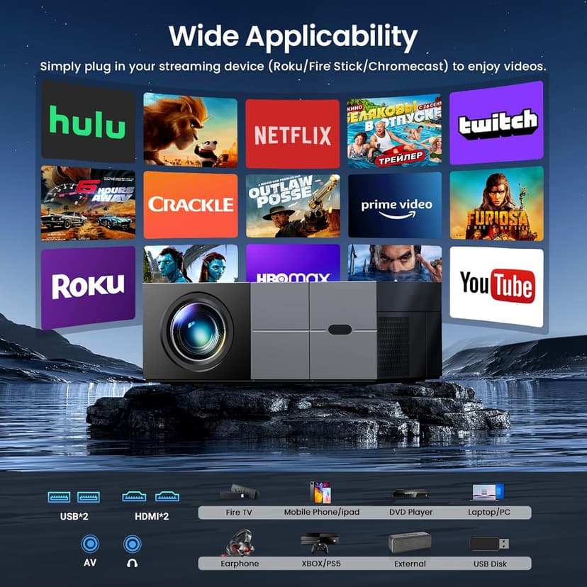 Projector with WiFi6 and Bluetooth5.3 - [High Brightness/Electric Focus]Outdoor Movie Projector and Screen,YOWHICK Portable Smart Home Projector 1080P 4K Supported for Movie Night/Home Theater/Bedroom