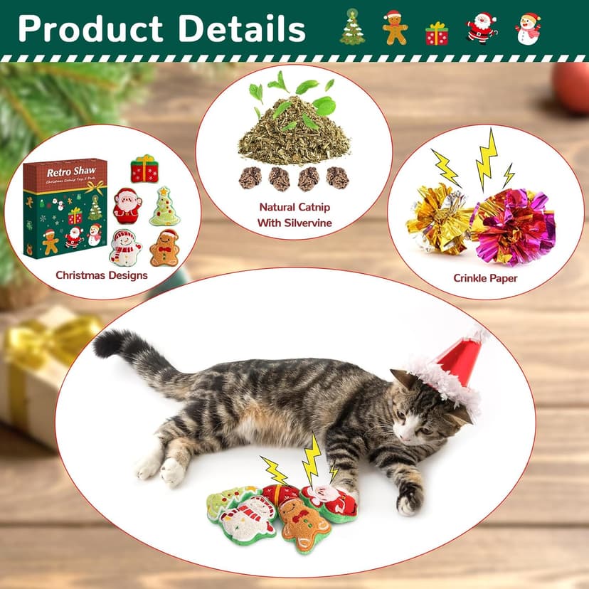 Retro Shaw Christmas Cat Toys, Xmas Catnip Toys for Indoor Cats Kitten Teeth Cleaning, Crinkly Interactive Cat Chew Nip Kitty Kicker Toy Santa Claus Trees Snowman, 5 Pack