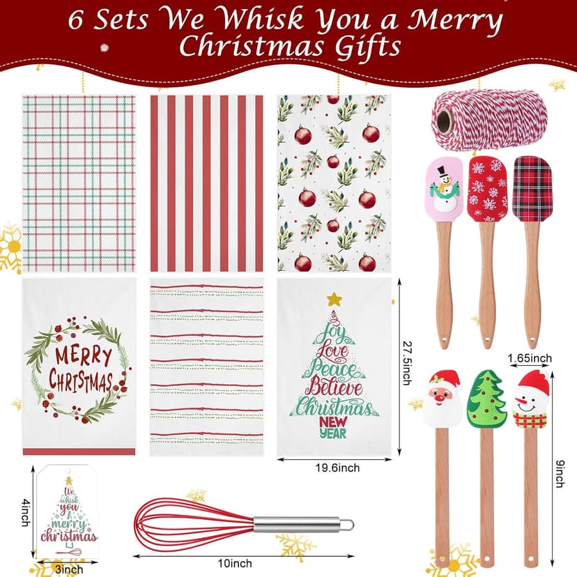 Mimorou 6 Sets Christmas Whisks Kitchen Gifts Stainless Steel Whisks Silicone Spatulas Towels Greeting Cards Rope for Neighbor Employee Baking Gift Xmas Cooking Supplies