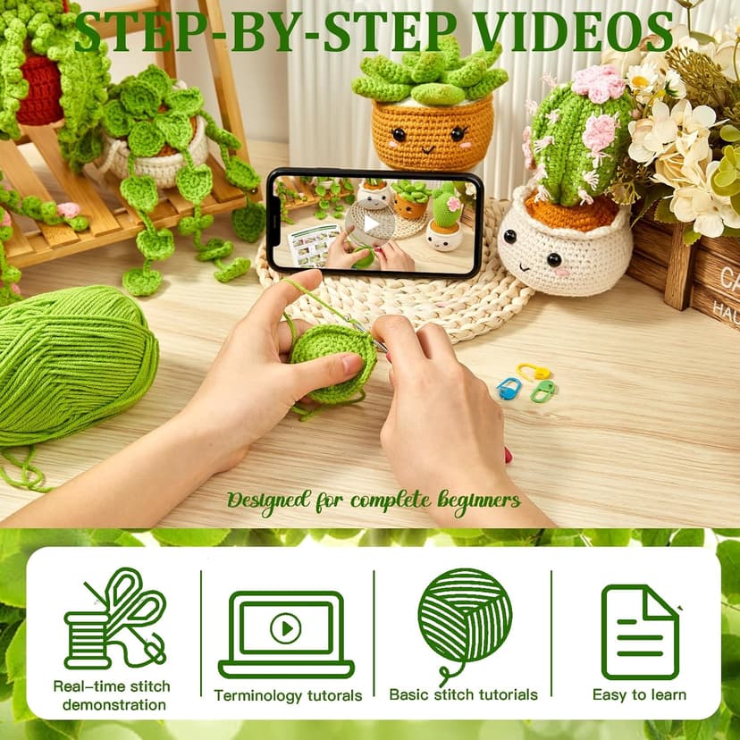 MAGIMUSE Crochet Kit for Beginners, Crochet Starter Kits, Amigurumi Craft Knitting Crocheting Kits with Step-by-Step Video Tutorials, 6 Pack Hanging Potted Plants Family(40%+ Yarn