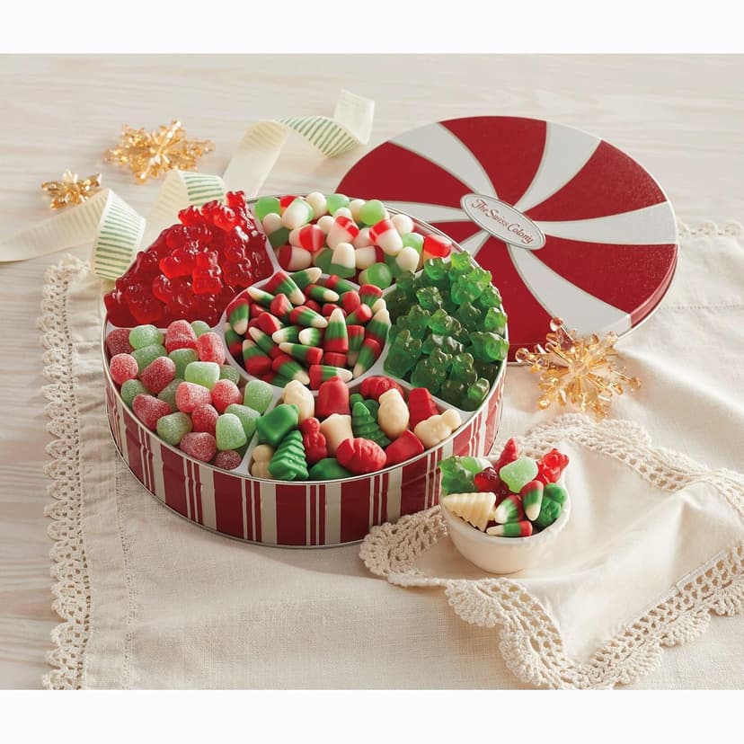 The Swiss Colony Christmas Candy Assortment Gift Box – Juju Drops, Spice Drops, Mellowcremes, Gummy Bears, Holiday Candy Corn, Gummies, Holiday Treats