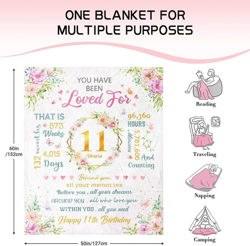 Birthday Gifts for 11 Year Old Girls, 11 Year Old Girl Birthday Gifts, 11th Birthday Decorations Gifts for Girls, Best Birthday Presents Ideas for 11 Yr Old Girl Throw Blanket 60"x50"