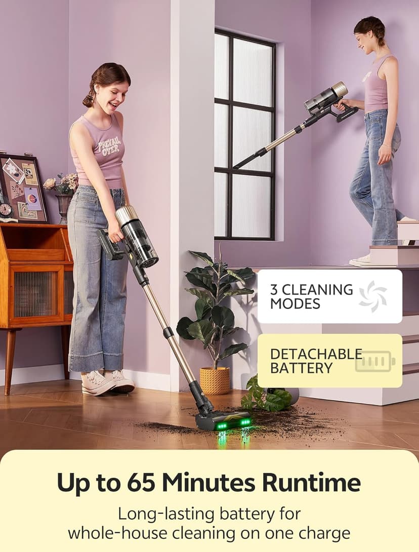 Ultenic Cordless Vacuum Cleaner, 550W 50KPA 65min Runtime, Stick Vacuum with Green Light, Self-Standing & 180° Lay-Flat, Anti-Tangled Brush, Vacuum Cleaners for Home/Hard Floor/Carpet/Pet Hair, U15