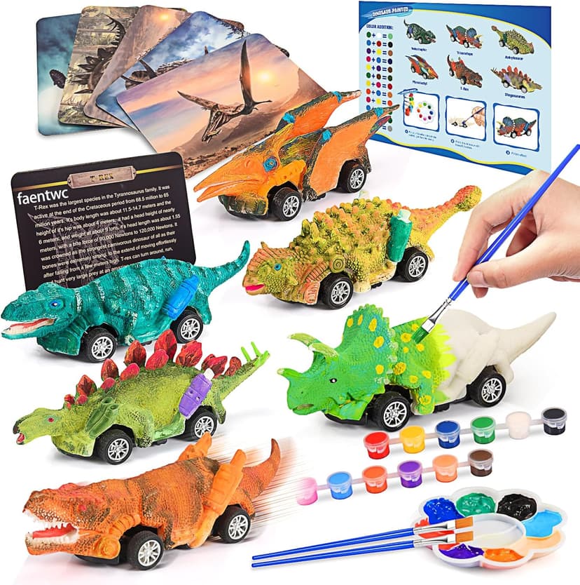 faentwc Dinosaur Painting Toys for Kids 5-7: 2 in 1 Dino Arts Painting Kits and Pull Back Cars Toy for Boys 4 5 6 7 8 9 10 Year Old Art & Craft Set for Girl DIY Easter Birthday Gifts for Kid Age 3-12