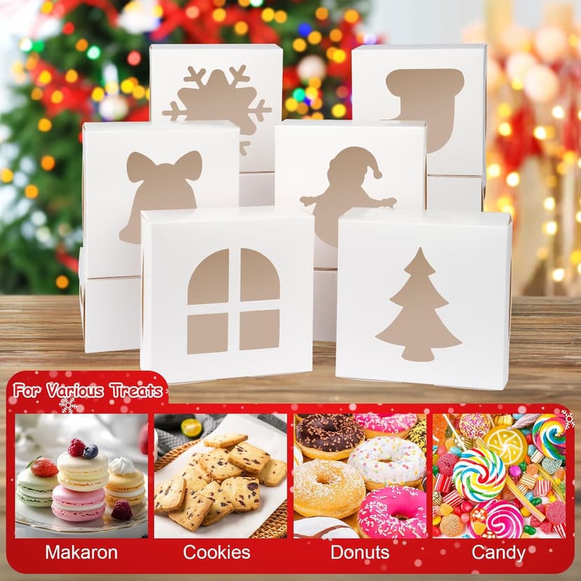 12 PCS Christmas Cookie Boxes, 6×6×3 Inches Treat Boxes Tin, Small Pastry Boxes with Window, for Gift Giving Packaging Dessert Bakery Cupcake Baked Goods (White)