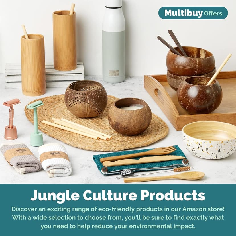 Jungle Culture 2 Polished Coconut Bowl & Wooden Spoons Set with Bamboo Straws • Natural Yoghurt & Smoothie Bowls Ideal for Ninja Creami • Healthy Coco Shell Buddha, Acai • Eco Friendly Vegan Gifts