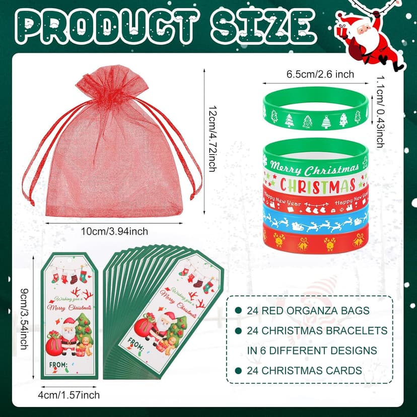 Liliful 72 Pcs Christmas Gifts 24 Set Christmas Students Gifts, Xmas Silicone Wristbands with Gift Label Tags and Organza Bags for Kids Stocking Stuffers Classroom Gift Party Favors(Merry Style)