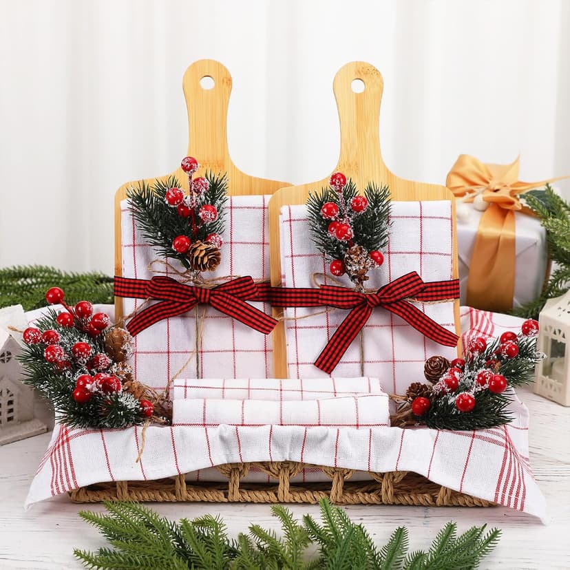 Amyhill 8 Set Christmas Kitchen Gifts Christmas Cutting Board Set with Red Berry Tea Towels Xmas Charcuterie Boards Cooking Housewarming Neighbor Gifts for Kitchen Holiday Party Decor