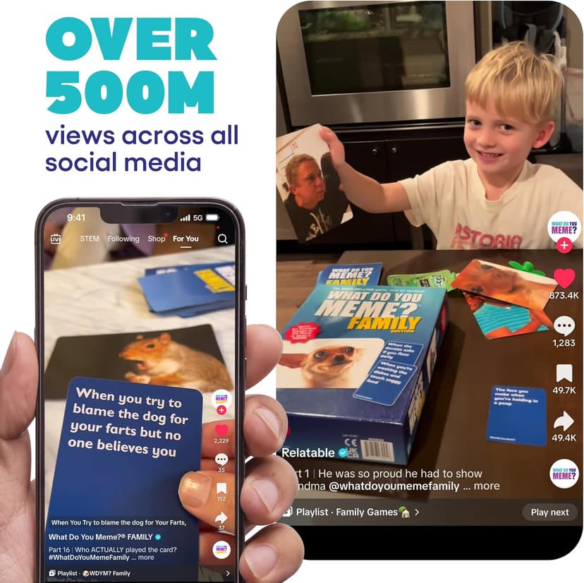 WHAT DO YOU MEME? Family Edition by Relatable, Now with Refreshed Content - Kids Games 8+, Family Games for Kids and Adults, The TikTok Viral Sensation, Includes 300 Caption Cards, 108 Photo Cards