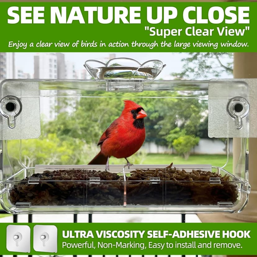 Window Bird Feeder with Non-Marking Self-Adhesive Hooks, Clear and Transparent, Outdoor Wild Bird Watching Gift, Garden Decor (Standard)