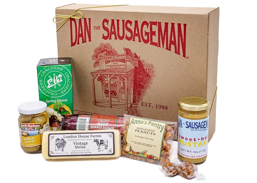 Dan the Sausageman Juneau Gourmet 8 items Gift Basket - Original Summer Sausage, Wisconsin Cheese, Mustard, Craker, Olives, Nuts and Candy | Gift Snack Box