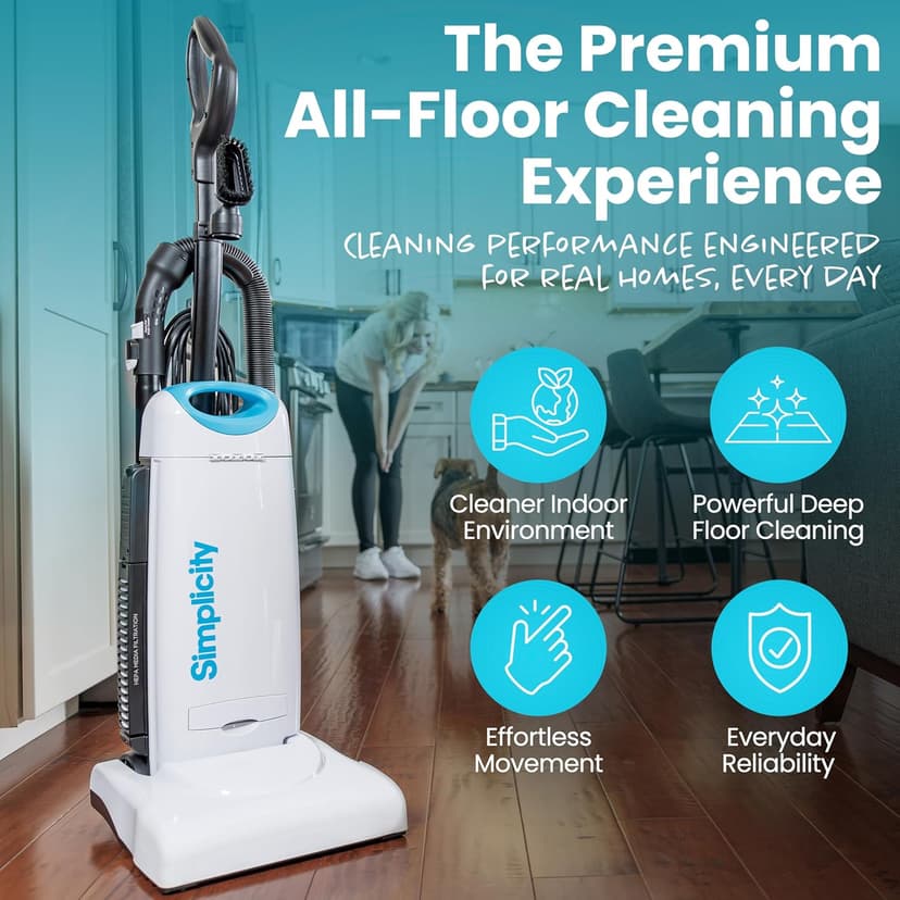 Simplicity Vacuums Premium Allergy Upright Vacuum Cleaner – Multi-Surface Bagged Vacuum Cleaner for Home with Charcoal HEPA Filter Media, Powerful Pet Hair Pickup, Brushroll Activation Switch, S26