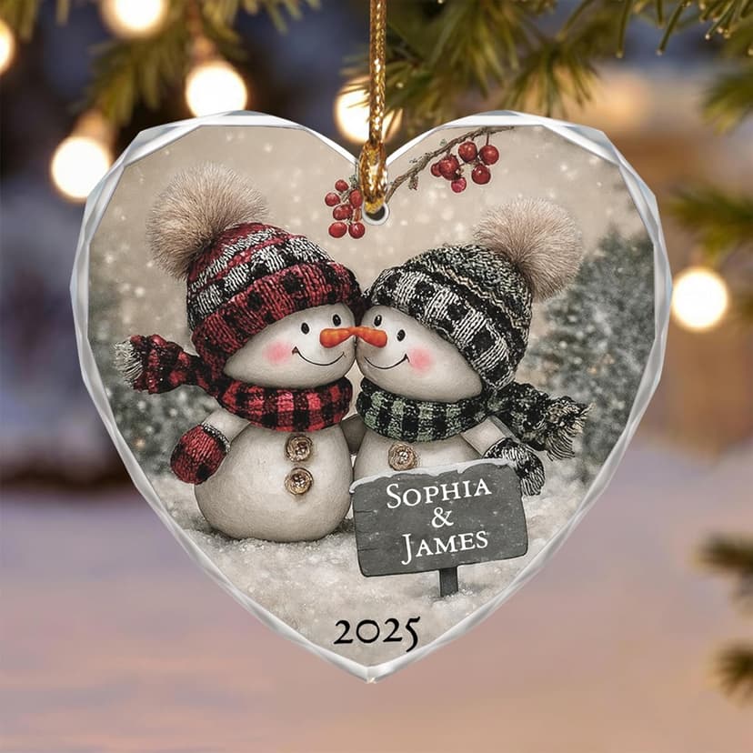 Noni Personalized Couple Heart Glass Ornament, Custom Names Printed and Year 2025, Snowman Couple Art Clear Faceted Tree Keepsake, Gifts for Couples, Gifts for Christmas