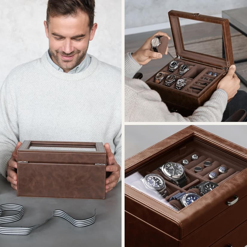 TAWBURY 6 Slot Watch Box for Men - Luxury Watch Jewelry Box for Men with Storage for Sunglasses, Cufflinks | Men's Jewelry Box with Watch Storage | Watch Display Case (Brown)