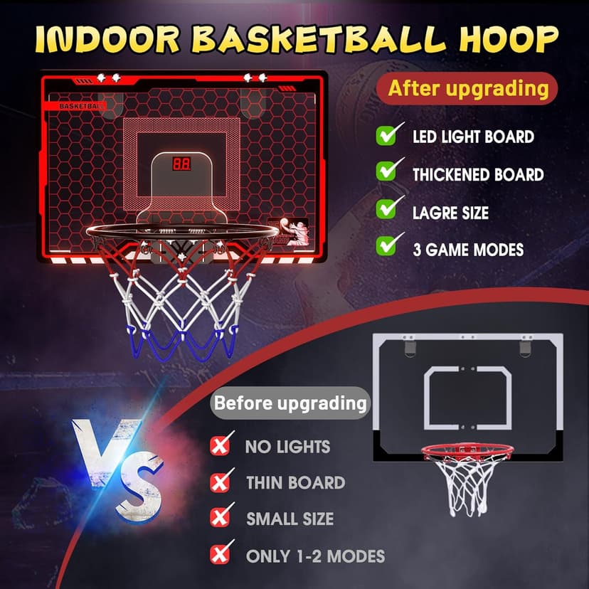 HopeRock Indoor Basketball Hoop for Kids, Over The Door Mini Basketball Hoops, with LED Light, Scoreboard, Birthday Toys Gifts for 5 6 7 8 9 10 11 12+ Year Old Boys
